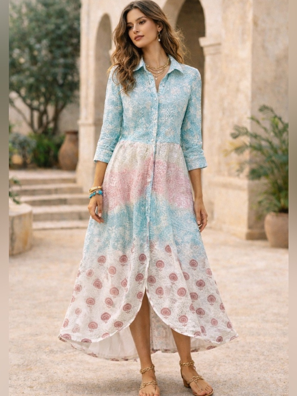 Hemant & Nandita Embroidered Boho Midi Dress High Low Resort M